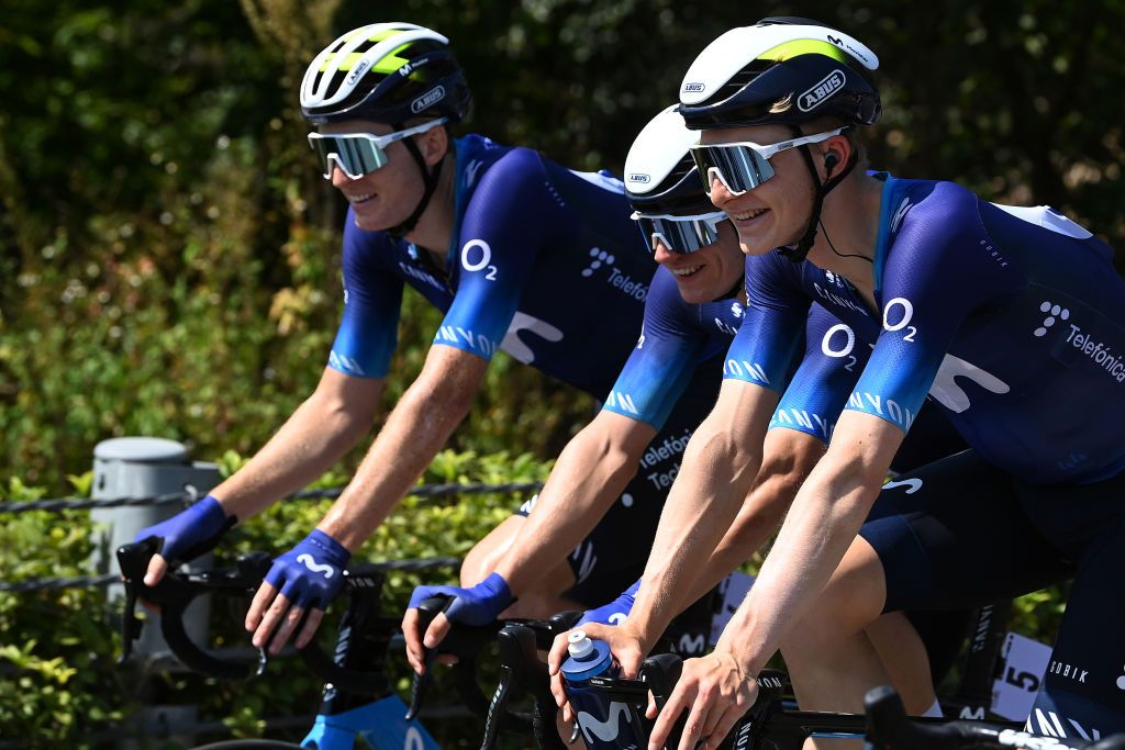 GUILIN CHINA OCTOBER 17 LR Matteo Jorgenson of The United States Max Kanter of Germany and Juri Hollmann of Germany and Movistar Team compete during the 4th GreeTour of Guangxi 2023 Stage 6 a 1683km stage from Guilin to Guilin UCIWT on October 17 2023 in Guilin China Photo by Tim de WaeleGetty Images