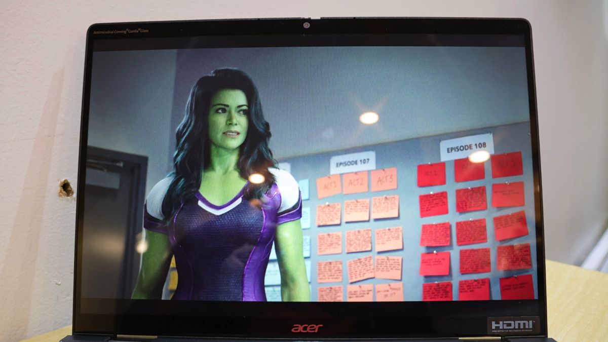 Acer Chromebook Spin 714 showing a television series trailer on the display, against a white background.