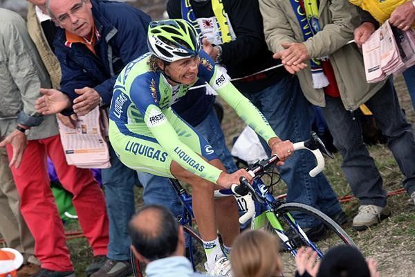 Franco Pellizotti (Liquigas) tackles the steep, gravel section on his way to victory.