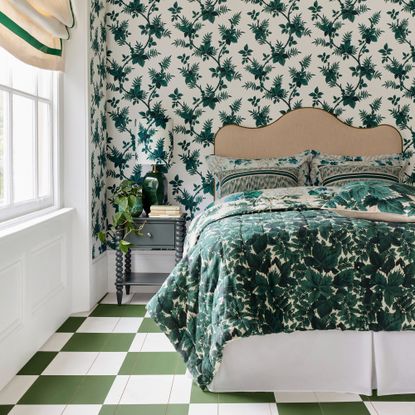 John Lewis x Collagerie collection filled with botanical patterns shown in a bedroom