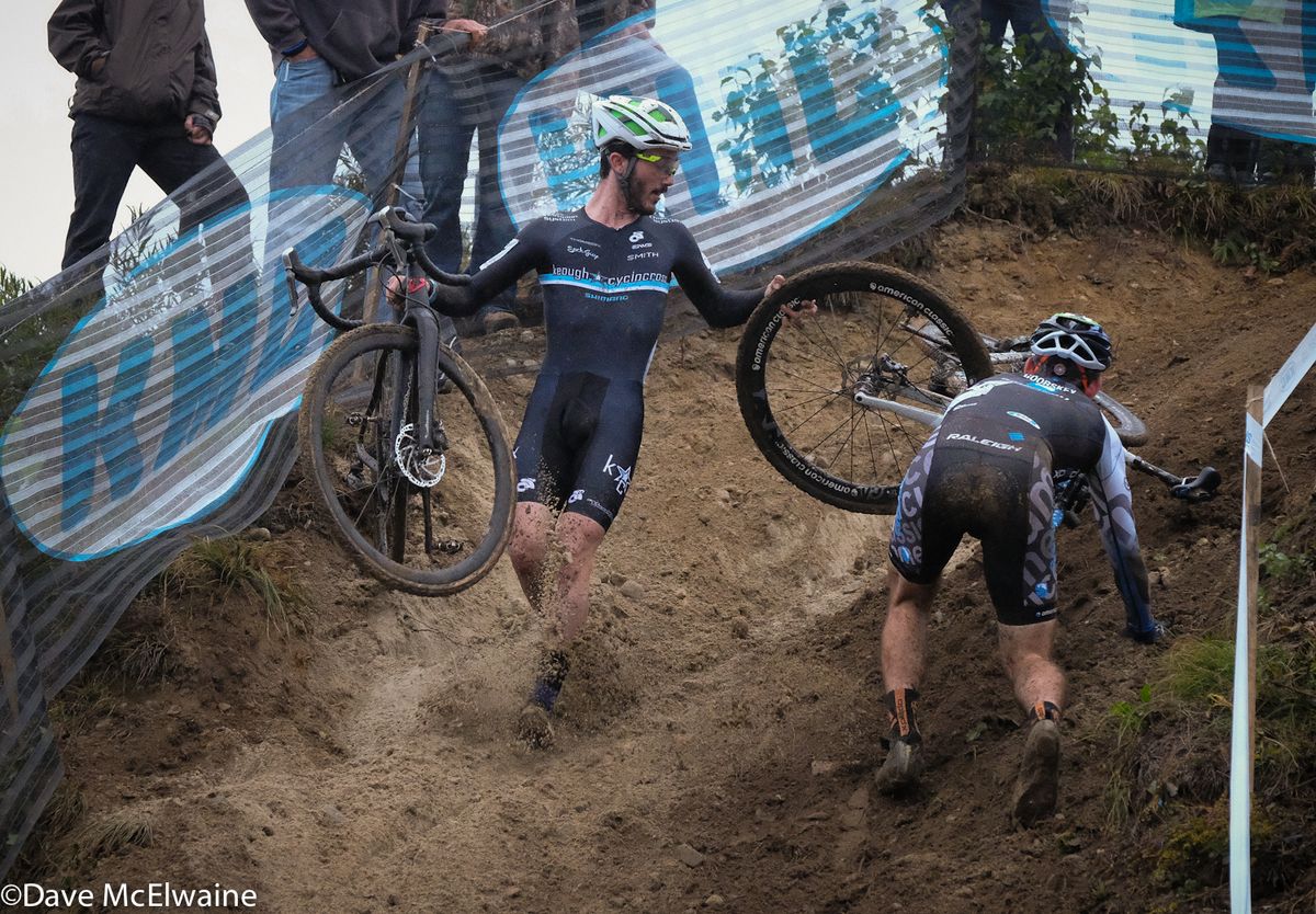Ian Keough (CRCA Foundation) helping Abe Goorskey with his bike after he crashed