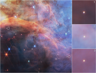 This near-infrared image of a portion of the Flame Nebula from NASA’s James Webb Space Telescope highlights three low-mass objects, seen in the insets to the right.