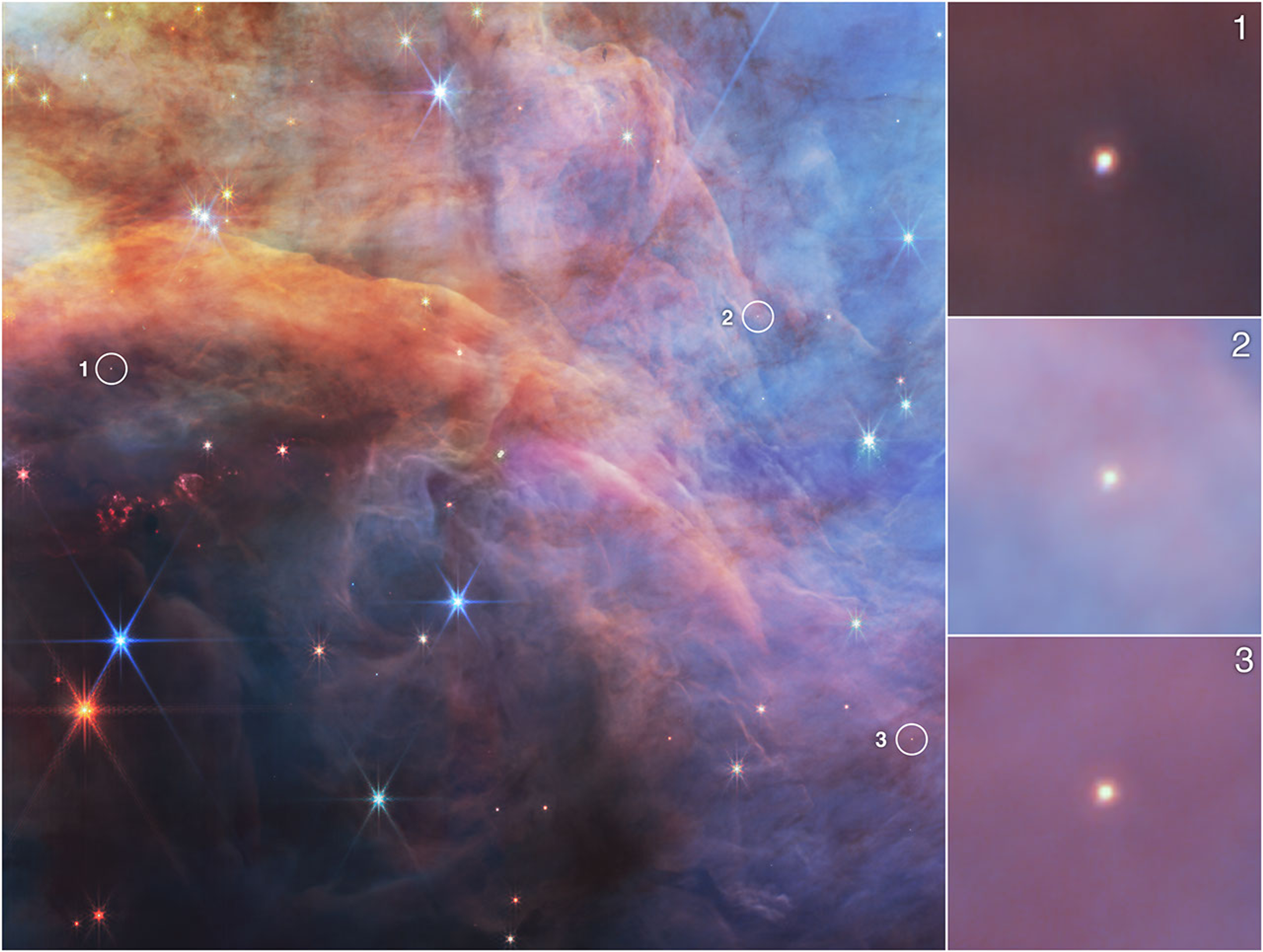 This near-infrared image of a portion of the Flame Nebula from NASA’s James Webb Space Telescope highlights three low-mass objects, seen in the insets to the right.