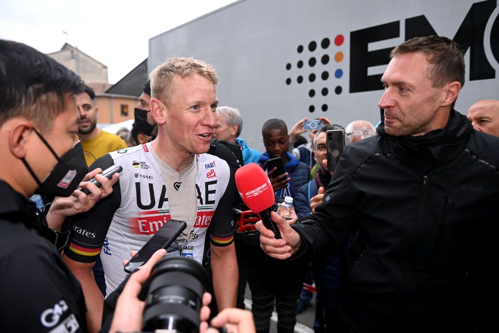 TORTONA ITALY MAY 17 Stage winner Pascal Ackermann of Germany and UAE Team Emirates attends to the media press after the 106th Giro dItalia 2023 Stage 11 a 219km stage from Camaiore to Tortona UCIWT on May 17 2023 in Tortona Italy Photo by Tim de WaeleGetty Images