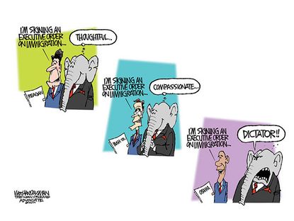Political cartoon Reagan Bush Obama executive orders immigration