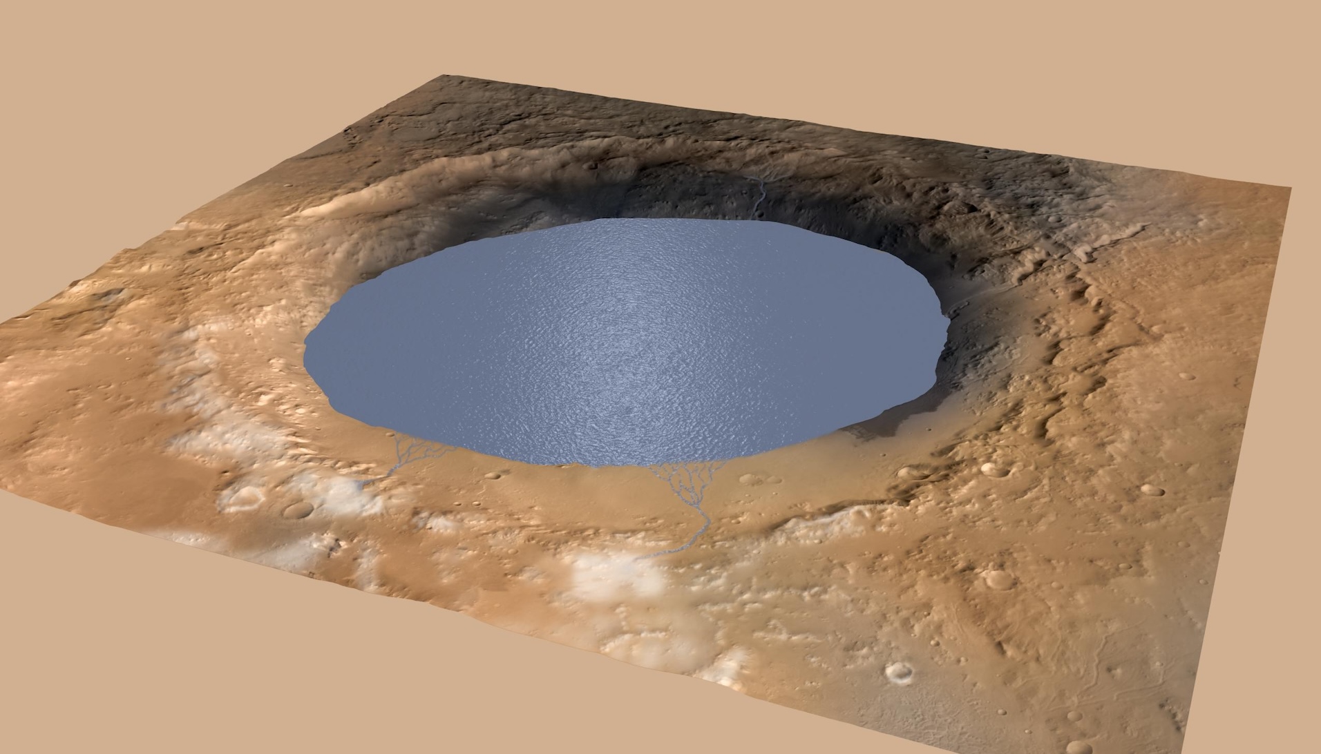 A simulated view of Gale Crater filled with water, as it may have appeared millions of years ago.