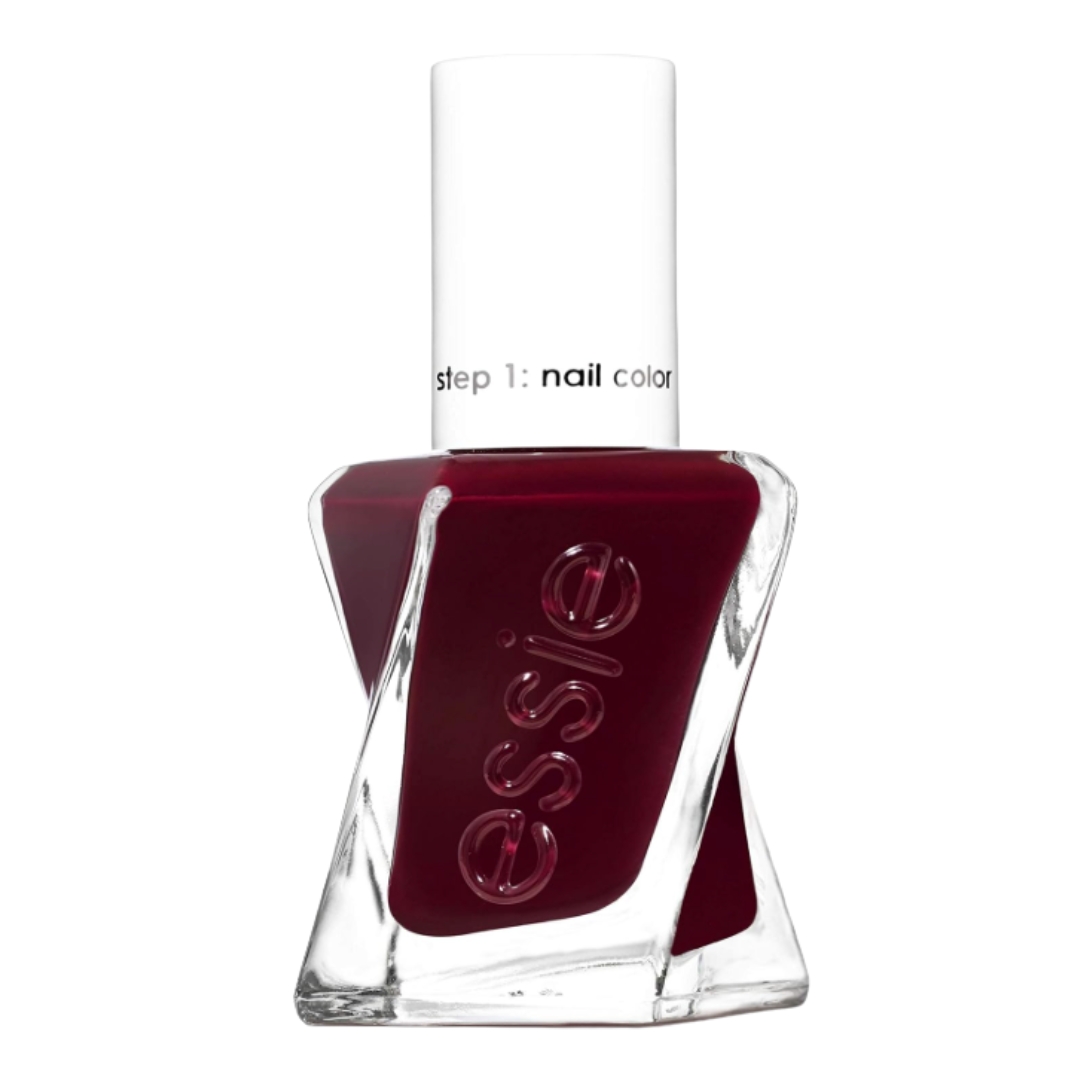 A product shot of the Essie Gel Couture Nail Polish in Gala-Vanting (a maroon-red colour), on a white background