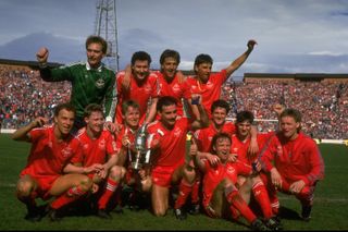 Aberdeen players celebrate after beating Hearts to win the Scottish Cup in 1986.