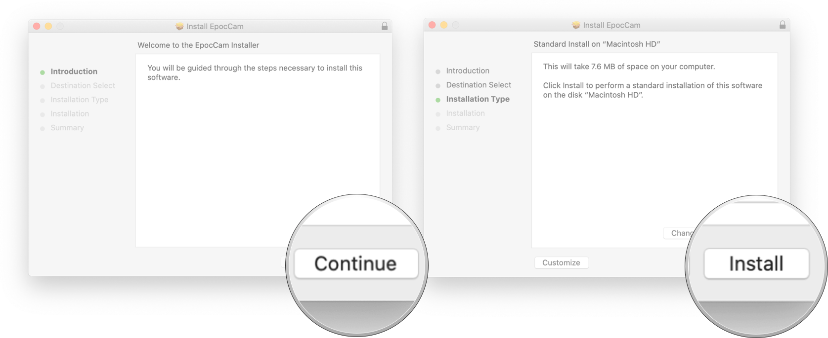 Using EpocCam installer on Mac: Click on continue and then click on install.