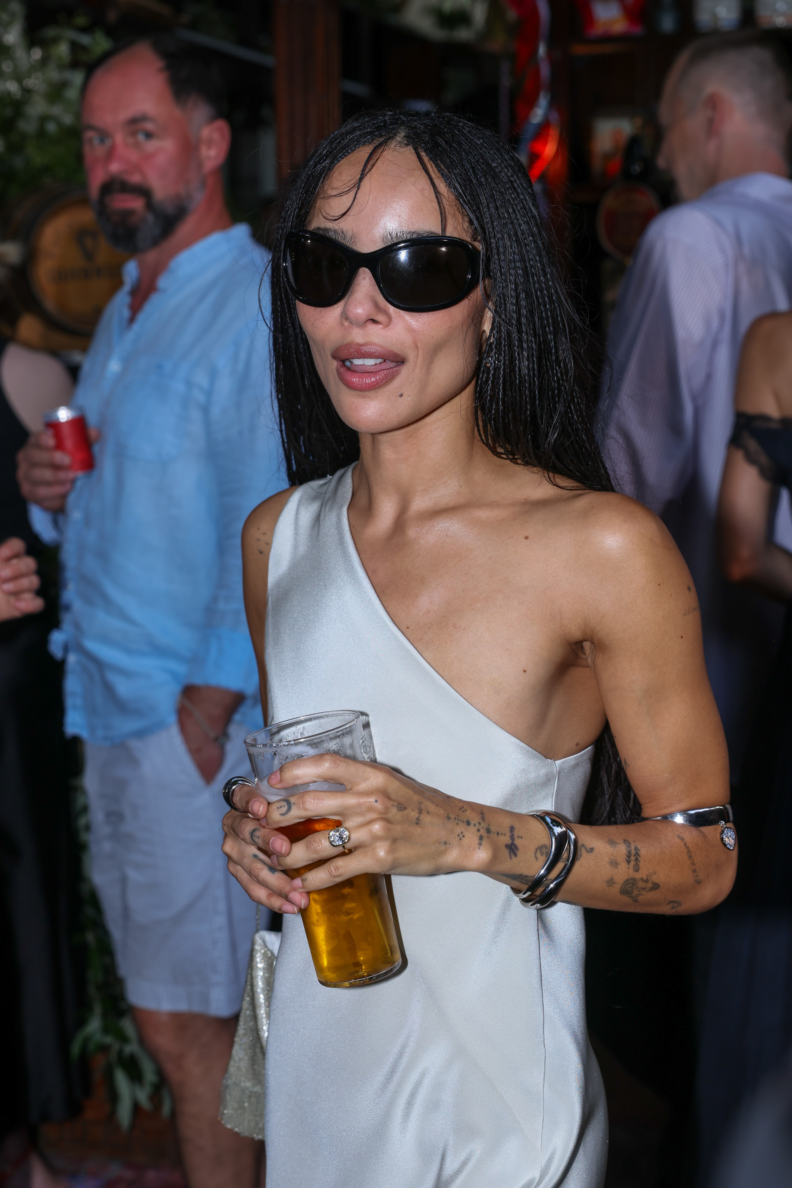 Zo&amp;euml; Kravitz styled a one-shoulder bridal slip at a Jessica McCormack event in London