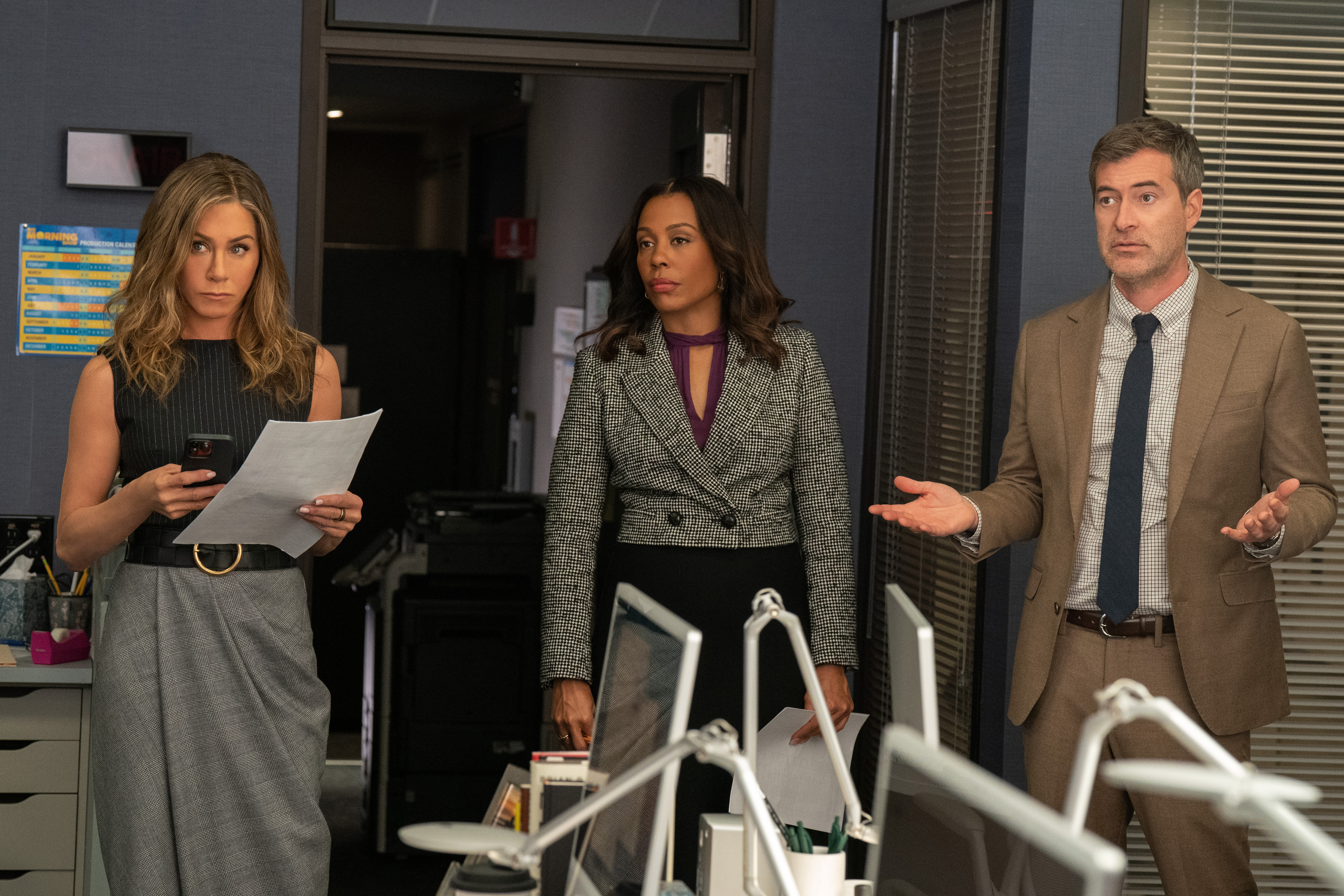l-r: Jennifer Aniston as Alex Levy, Karen Pittman as Mia Jordan, and Mark Duplass as Chip Black, in &#039;The Morning Show&#039; season 3, episode 8.