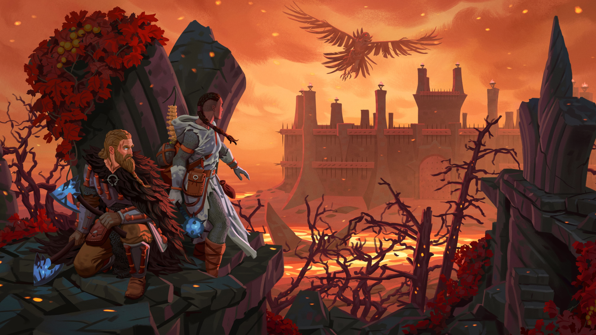 An image of two adventurers poised to attack a fortress in Valheim's Ashlands update.