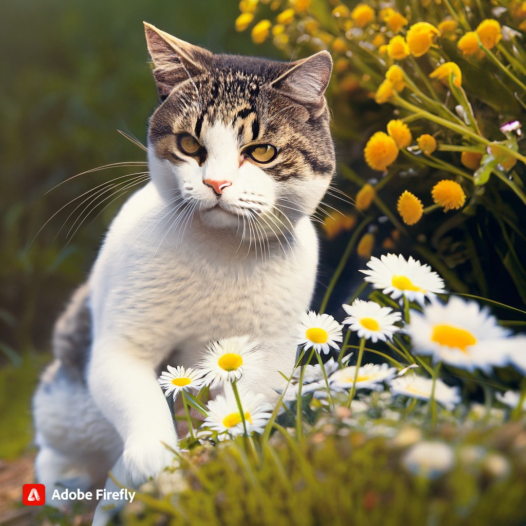 AI generated images of cat picking daisies
