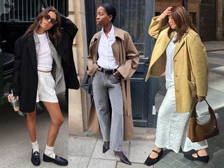 fashion outfit collage of three style influencers Emilie T, Sylvie Mus, and Marina Torres wearing stylish looks with black shoes like loafers, slingback heels, and Mary Jane flats