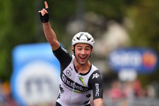 GORIZIA ITALY MAY 23 Victor Campenaerts of Belgium and Team Qhubeka Assos celebrates at arrival during the 104th Giro dItalia 2021 Stage 15 a 147km stage from Grado to Gorizia UCIworldtour girodiitalia Giro on May 23 2021 in Gorizia Italy Photo by Stuart FranklinGetty Images