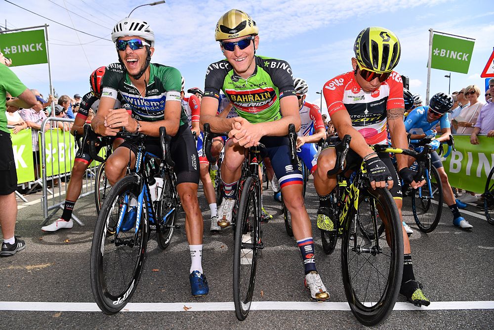BinckBank Tour stage 6 : Dries De Bondt of Belgium and Team Veranda's Willems-Crelan Green-Black Combativity Jersey / Matej Mohoric of Slovenia and Team Bahrain - Merida Green Leader Jersey / Caleb Ewan of Australia and Team Mitchelton - Scott Red Points Jersey