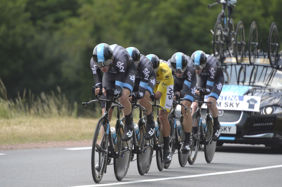 Chris Froome takes a turn on the front for Sky