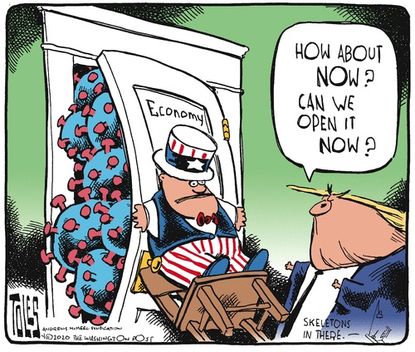 Political Cartoon U.S. Trump tries to open economy door during raging pandemic