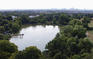 Aerial shot of outdoor swimming spot the ponds on Hampstead Heath, London