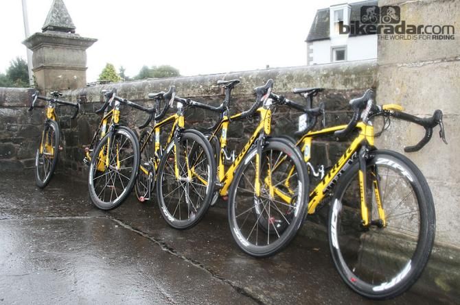 MTN-Qhubeka&rsquo;s Trek Madone 7-Series were propped up and ready to go as the rain fell a little harder just before the start