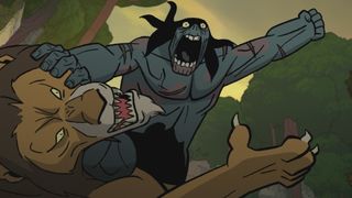 Primal season 3 image featuring zombie Spear fighting a lion