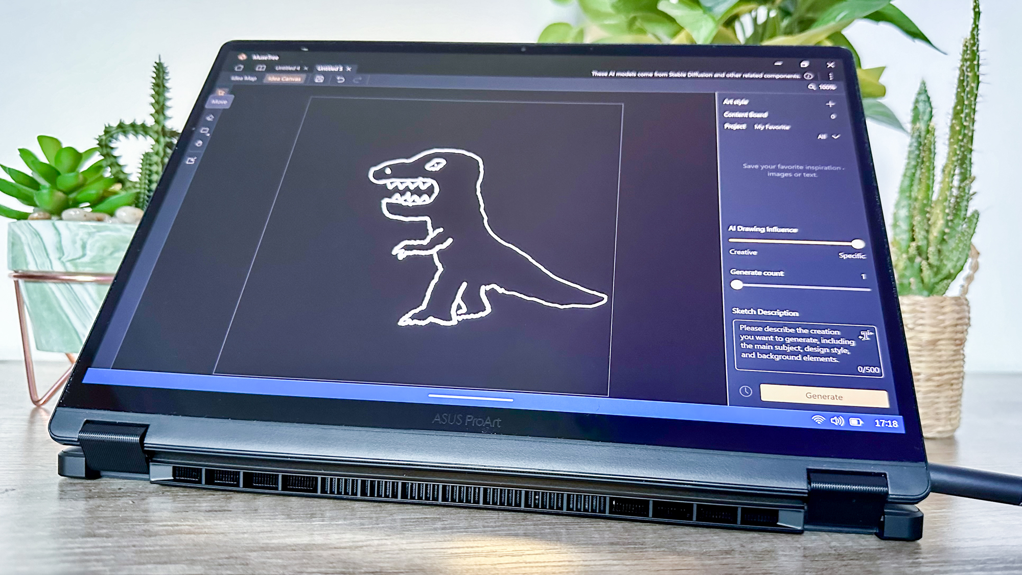 Asus ProArt PX13 MuseTree app with dinosaur doodle on the screen