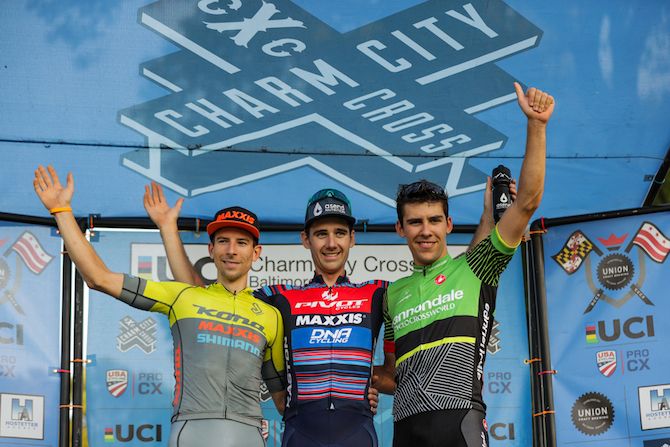 The podium after day two of the 2018 Charm City Cross (l to r): Kerry Werner (Kona Maxxis Shimano), winner Jamey Driscoll, Curtis White (Cannondale p/b CyclocrossWorld)