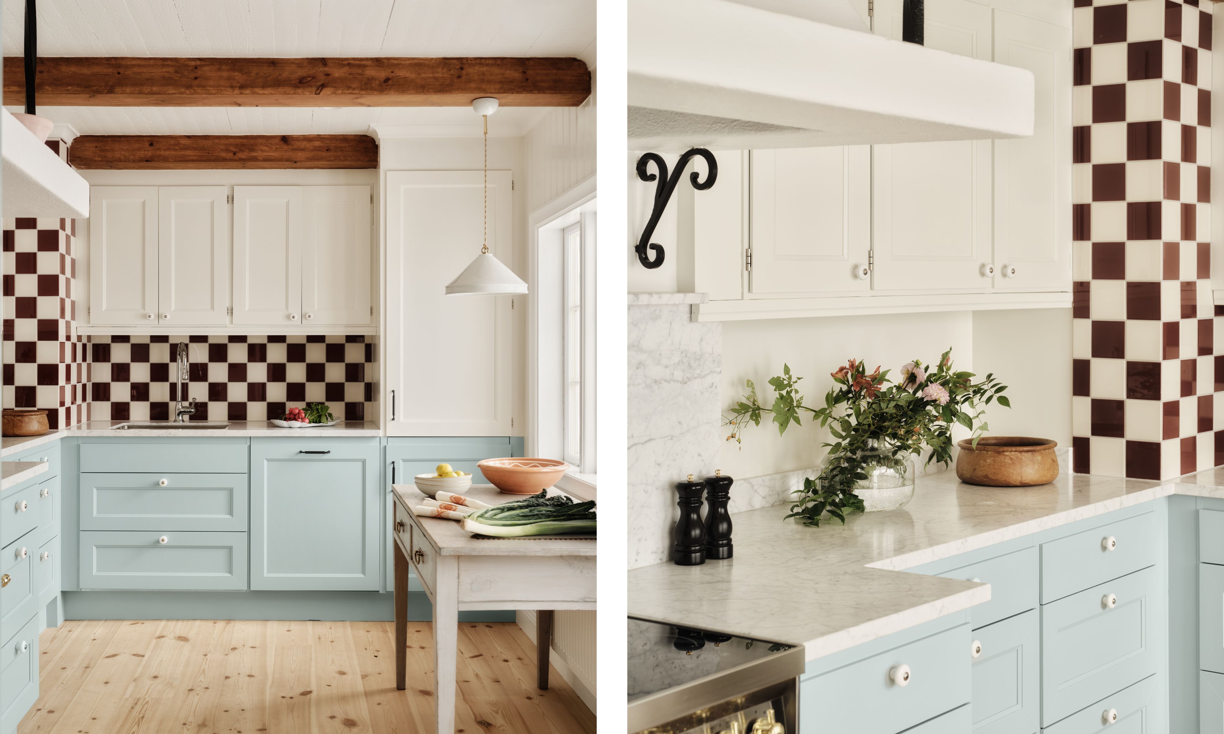 Two side by side images of a blue and white kitchen with brown and white checkerboard tiles. The floors are in a pale unfinished wood