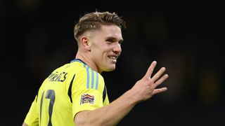 SOLNA, SWEDEN - NOVEMBER 19: Viktor Gyokeres of Sweden celebrates after scoring a goal to make it 6-0 and his fourth during the UEFA Nations League 2024/25 League C Group C1 match between Sweden and Azerbaijan at Strawberry Arena on November 19, 2024 in Solna, Sweden. (Photo by Robbie Jay Barratt - AMA/Getty Images)