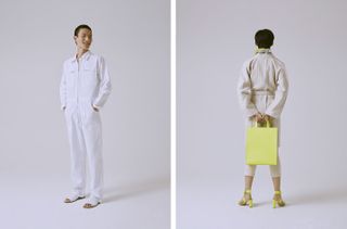 Models wear white tracksuit and sandals, and beige coat with highlighter yellow tote bag and heeled sandals