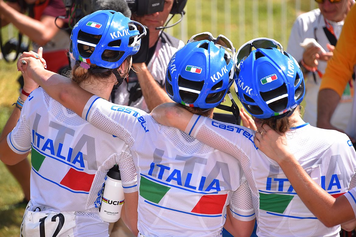 Italy celebrates winning the UCI Road World Championships junior women's road race