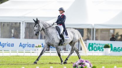 Ros Canter riding grey horse Armscote Explorer perform a dressage movement in a grass arena at Blenheim Horse Trials. In the background are white tents and sponsor branding.