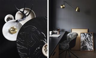 Side by side photos: Left: Overhead shot of four stone/marble style plates/bowls. Right: A wide brown desk with a chair covered by a throw. A grey wall with a wall-lamp. On the floor is a smokey painting.