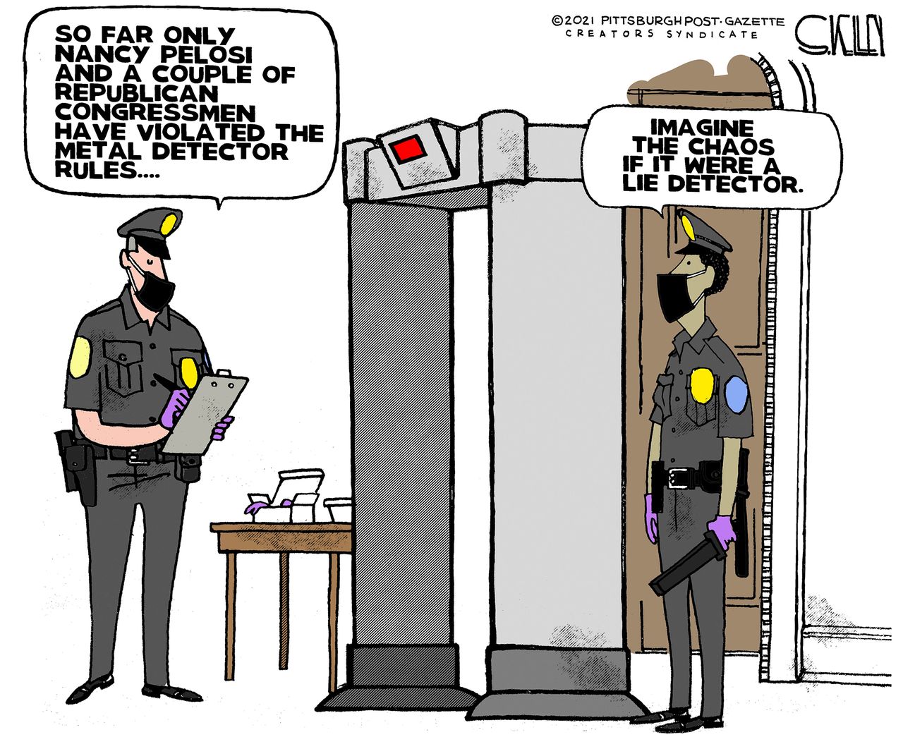 Political Cartoon U.S. pelosi metal detectors