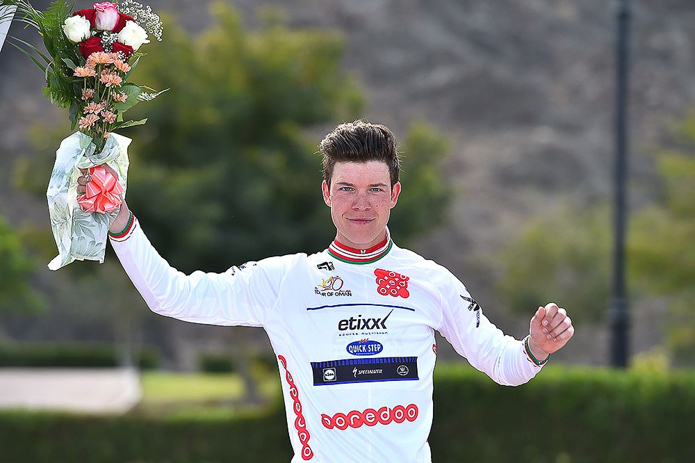 Bob Jungels on the stage 1 podium in Oman.