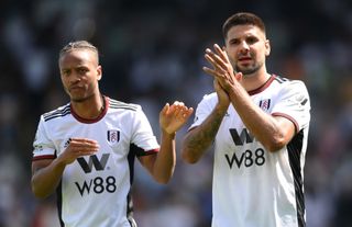Aleksandar Mitrovic of Fulham acknowledges the fans after the Premier League match between Fulham FC and Liverpool FC at Craven Cottage on August 06, 2022 in London, England.