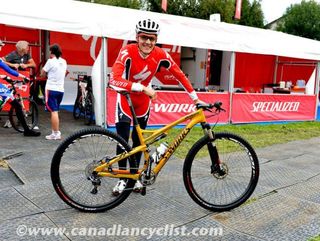 Jaroslav Kulhavy (Czech Republic) poses with his brand new gold Specialized Epic, a surprise present for winning the Olympic Games. He didn't race it in the team relay, but look out for it on Saturday in the cross country.