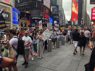Writers and actors strike in Times Square