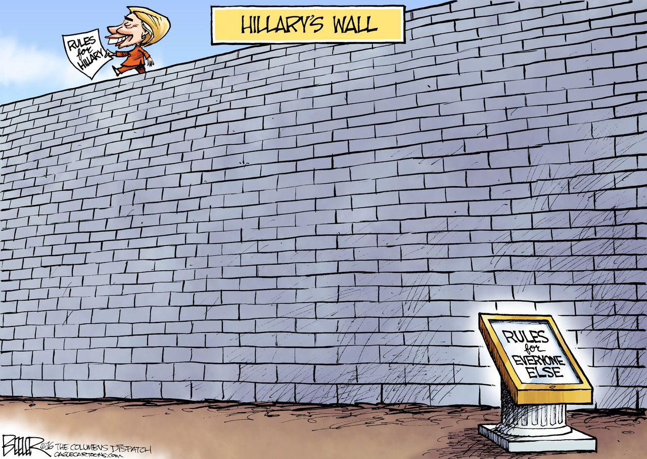 Political cartoon U.S. 2016 election Hillary Clinton wall and rules