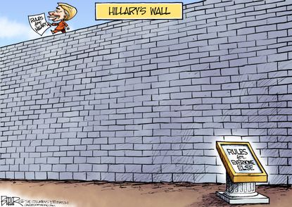Political cartoon U.S. 2016 election Hillary Clinton wall and rules