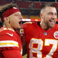 Patrick Mahomes and Travis Kelce celebrating a Kansas City Chiefs win in 2022.