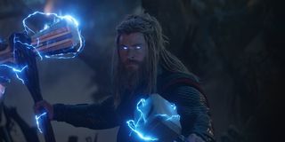 Thor holding Stormbreaker and Mjolnir in Avengers: Endgame