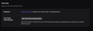 Screen capture of Twitch.tv Security settings for password and two-factor authentication