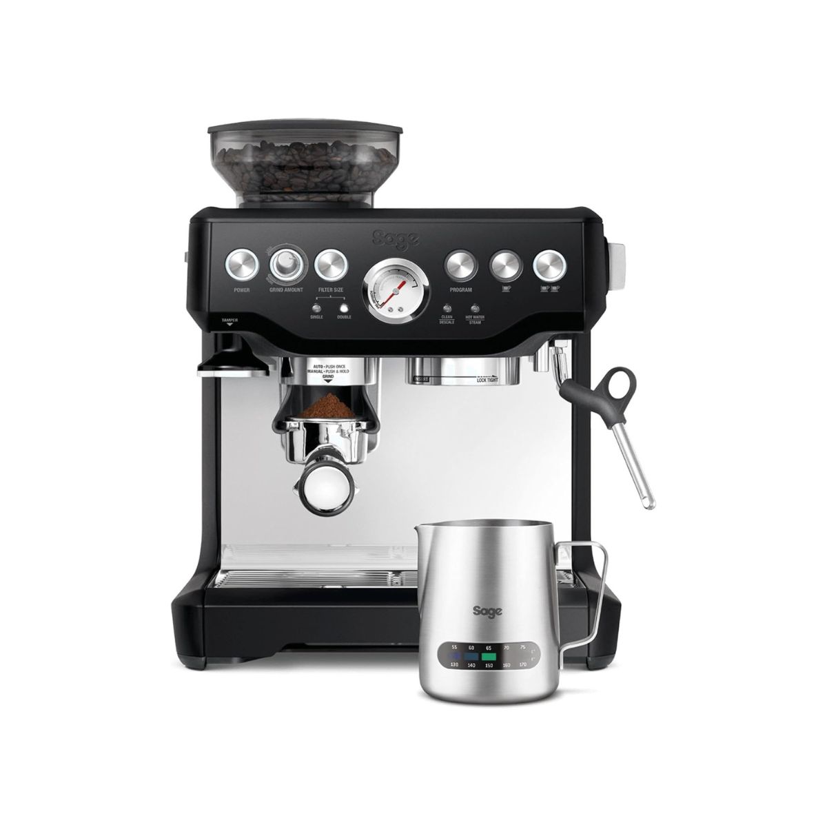 Sage - The Barista Express - Bean to Cup Coffee Machine with Grinder and Manual Milk Frother - 16 Grind Settings, 15 Bar Pump, PID Temp Control - With Temperature Control Jug, Black Truffle