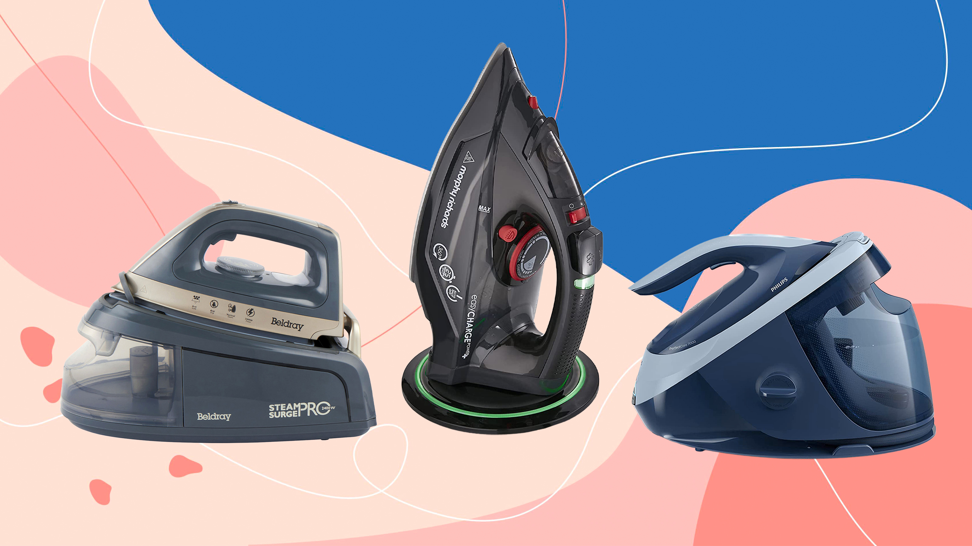 3 of the best steam irons on a pink and blue graphic background