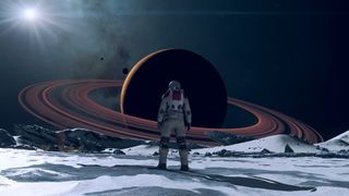 An explorer from Starfield stands in front of a saturn-esque ringed planet, looming on the horizon.