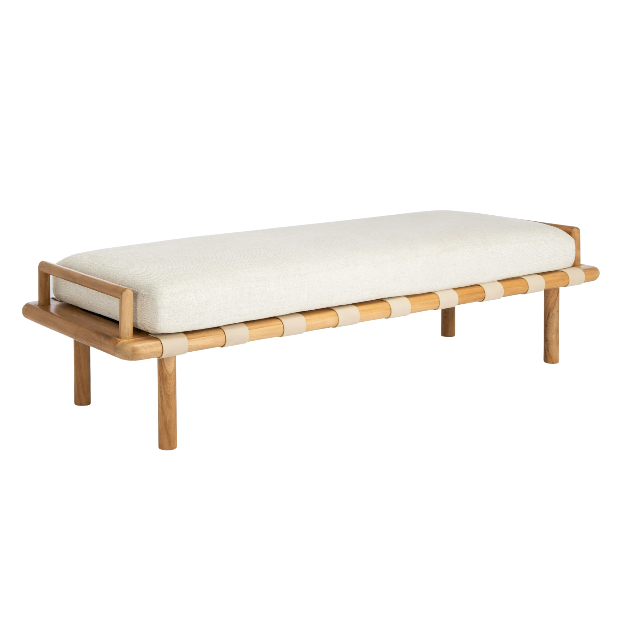entryway bench with a white linen cushion and a wooden frame
