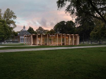render of the Lina Ghotmeh designed serpentine pavilion 2023