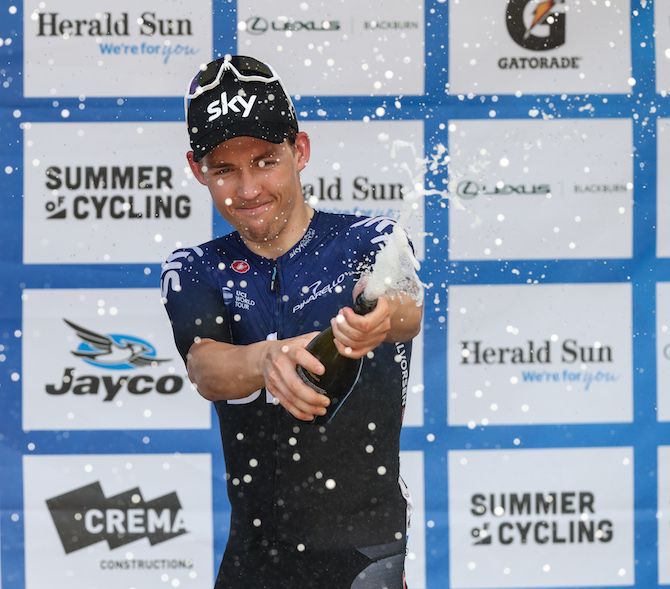 Team Sky's Kristoffer Halvorsen celebrates winning the final stage of the 2019 Jayco Herald Sun Tour