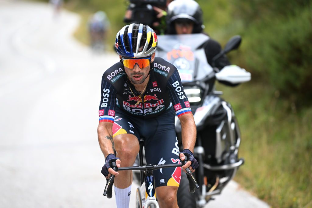 PUERTO DE ANCARES SPAIN AUGUST 30 Primoz Roglic of Slovenia and Team Red Bull Bora hansgrohe attacks during the La Vuelta 79th Tour of Spain 2024 Stage 13 a 176km stage from Lugo to Puerto de Ancares 1659m UCIWT on August 30 2024 in Puerto de Ancares Spain Photo by Dario BelingheriGetty Images